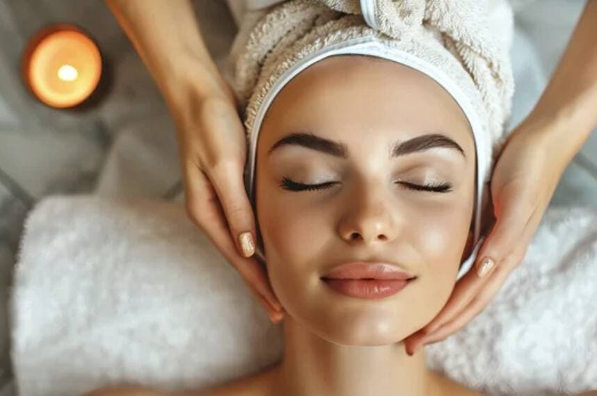 A client with closed eyes receiving a facial treatment